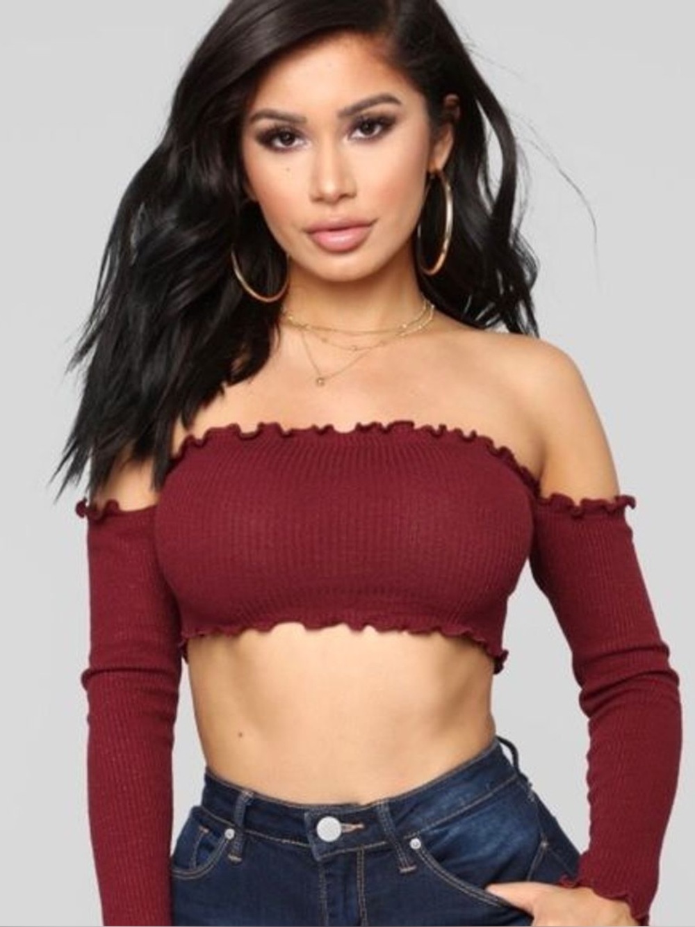 Fashion Nova Maroon Off The Shoulder Crop Top